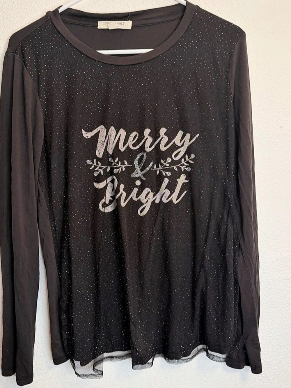 Living Doll “Merry Bright” Long Sleeve Top, charcoal,  mesh overlay Size S